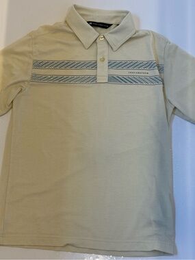 TravisMathew Boys Youth Medium Yellow Polo Shirt Blue Geometric Stripe